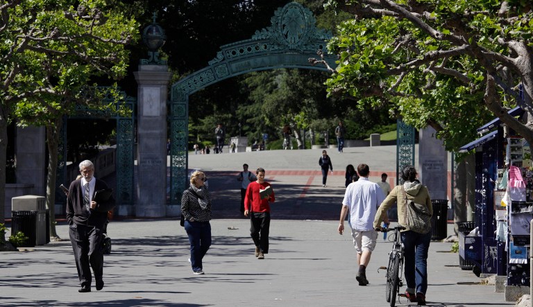 In this June 1, 2011, file photo, people walk through Sproul Plaza near the Sather Gate on the University of California, Berkeley campus in Berkeley, Calif. The university suspended a class on Sept. 13, 2016, amid complaints that it shared anti-Semitic viewpoints and was designed to indoctrinate students against Israel.