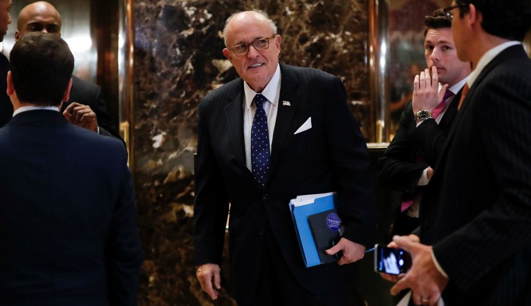 Former New York Mayor Rudy Giuliani arrives at Trump Tower, Wednesday, Nov. 16, 2016, in New York.