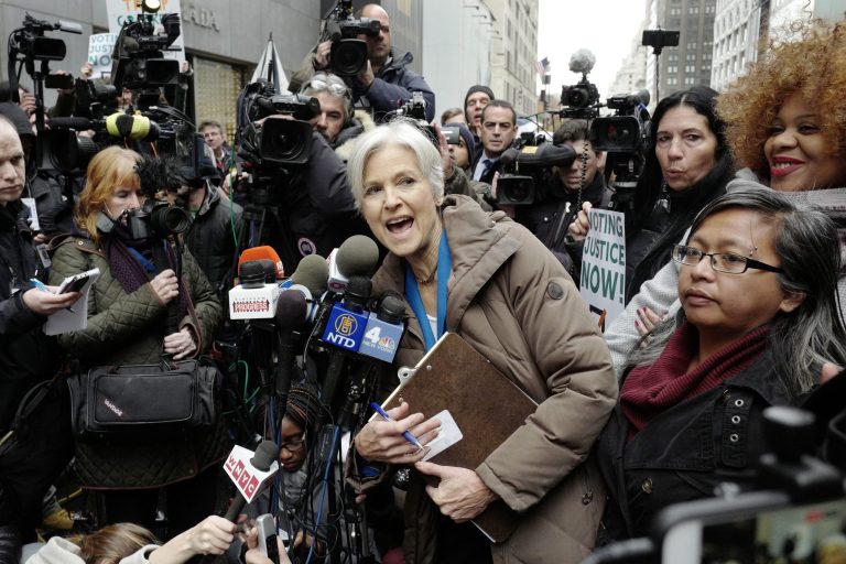 Jill Stein, the presidential Green Party candidate, speaks at a news conference in front of Trump Tower, Monday, Dec. 5, 2016, in New York. Stein is spearheading recount efforts in Pennsylvania, Michigan and Wisconsin.