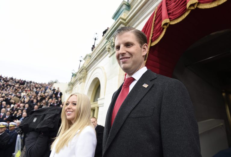Eric Trump and Tiffany Trump arrive on Capitol Hill in Washington, Friday, Jan. 20, 2017, for the presidential inauguration of their father Donald Trump.