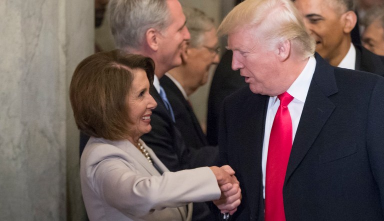 President-elect Donald Trump greets House Minority Leader Nancy Pelosi of California and other Congressional leaders as he arrives for his inauguration ceremony on Capitol Hill in Washington, Friday, Jan. 20, 2017.