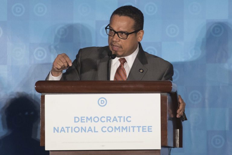 Rep. Keith Ellison, D-Minn., speaks during the general session of the Democratic National Committee.