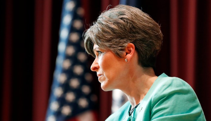 U.S. Sen. Joni Ernst, R-Iowa, speaks during a town hall meeting at Drake University in Des Moines, Iowa.