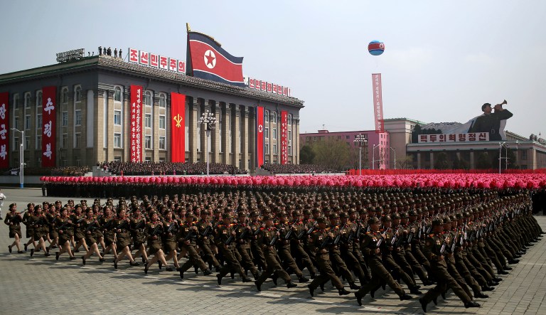 Soldiers march across Kim Il Sung Square during a military parade on Saturday, April 15, 2017, in Pyongyang, North Korea to celebrate the 105th birth anniversary of Kim Il Sung, the country's late founder and grandfather of current ruler Kim Jong Un.