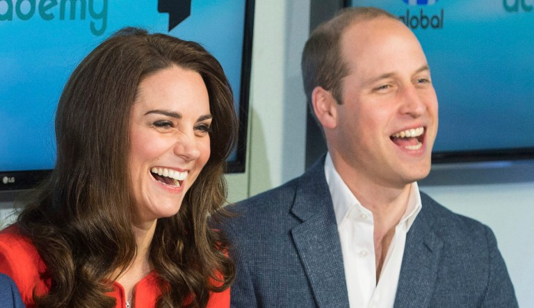 Britain's Prince William and Kate Duchess of Cambridge laugh during a visit to open the Global Academy in Hayes, London, in support of the Heads Together, mental health charity campaign. Thursday April 20, 2017. (Dominic Lipinski/Pool via AP)