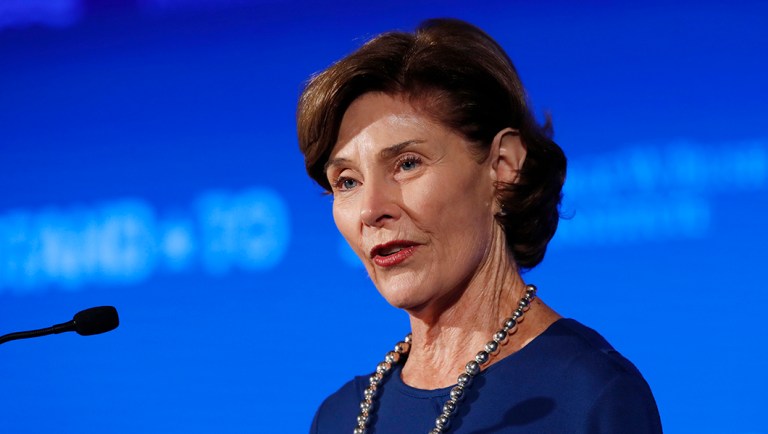 Former first lady Laura Bush speaks during "Stand-To," a summit held by the George W. Bush Institute.