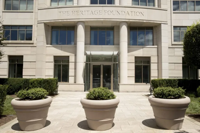 The Heritage Foundation building in Washington, D.C. is shown.