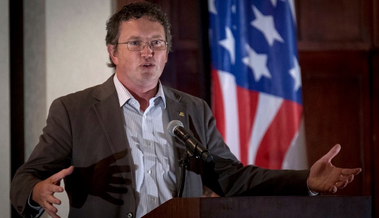 U.S. Rep. Thomas Massie, R-Ky, speaks to supporters gathered at The Champions of Liberty Rally in Hebron, Ky., Friday, Aug. 11, 2017.