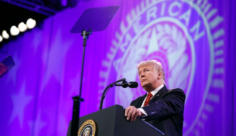 President Trump pauses while speaking at the National Convention of the American Legion in Reno, Nev. 