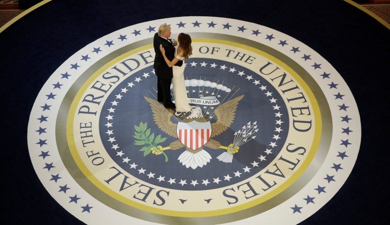 In this Jan. 20, 2017, file photo, President Trump dances with first lady Melania Trump, at The Salute To Our Armed Services Inaugural Ball in Washington. When President Donald Trumpâs inaugural committee raised an unprecedented $107 million for a ceremony that officials promised would be âworkmanlike,â the committee pledged to give leftover funds to charity. Nearly eight months later, the group has helped pay for redecorating at the White House and the vice presidentâs residence in Washington. But nothing has gone to charity.