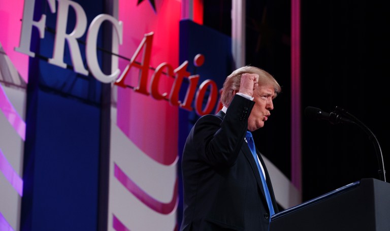 President Trump has been a frequent speaker at the Value Voters Summit of evangelical leaders. (AP Photo/Evan Vucci)  



