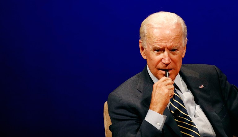 Former Vice President Joe Biden participates in a discussion at the University of Delaware in Newark, Del.
