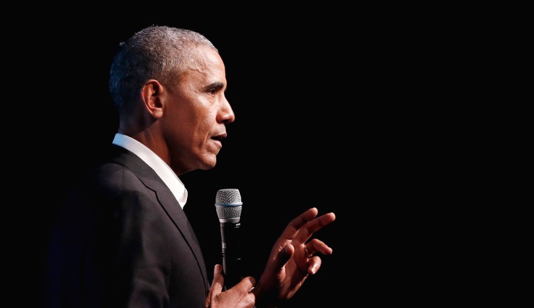 Former President Barack Obama address the crowd.