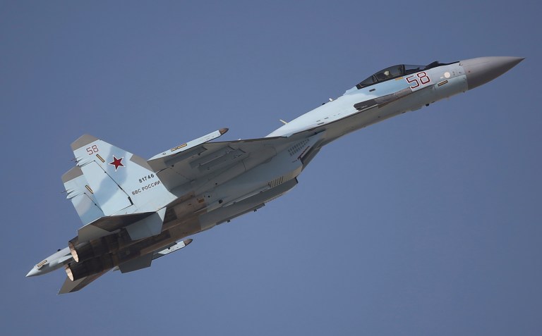 A Russian Sukhoi SU-35 performs during the Dubai Air Show, United Arab Emirates, Monday, Nov. 13, 2017. (AP Photo/Kamran Jebreili)