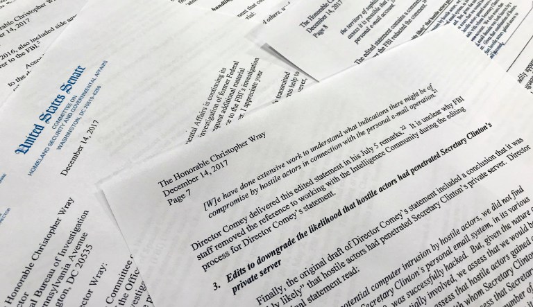 Parts of a letter written by Sen. Ron Johnson, R-Wis., to FBI director Christopher Wray are photographed in Washington, Thursday, Dec. 14, 2017. Johnson says edits to a draft FBI statement on the Hillary Clinton email investigation appear to have watered down the significance of the bureau's findings. 