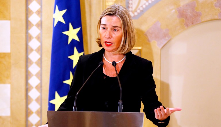 European Union Foreign Policy Chief Federica Mogherini speaks during a press conference.