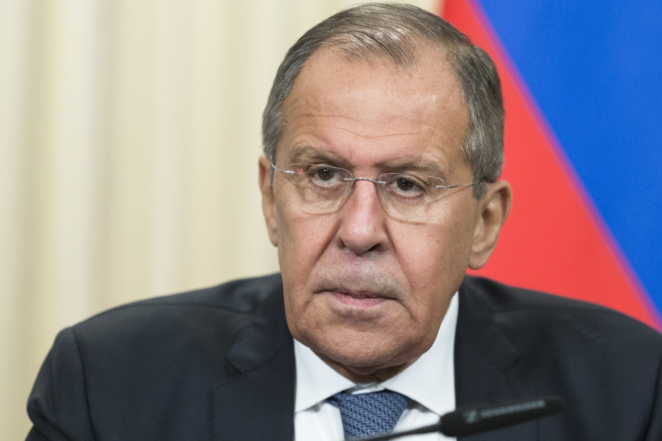 Russian Foreign Minister Sergey Lavrov speaks during a news conference.