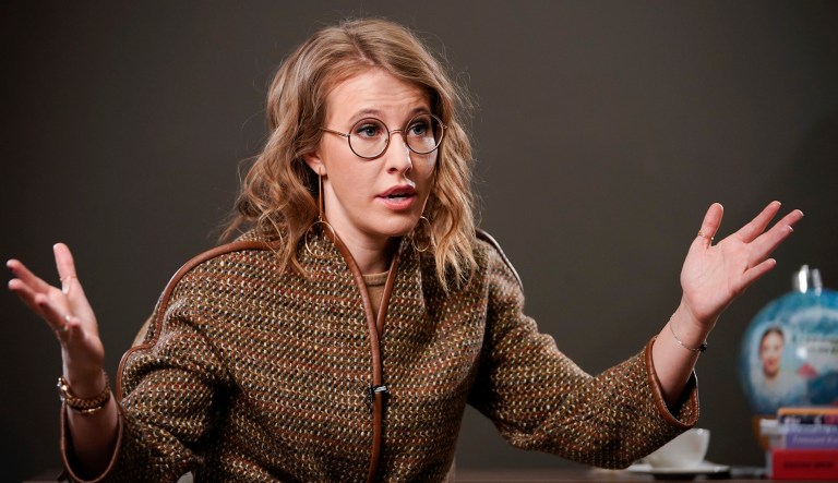 Russian celebrity TV host Ksenia Sobchak, who wants to challenge Russian President Vladimir Putin in the March 18 presidential election, speaks during an interview with the Associated Press in Moscow, Russia.