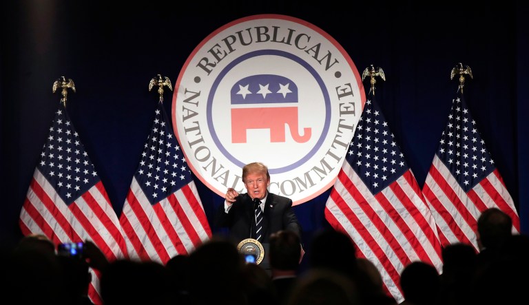 President Trump speaks at the Republican National Committee winter meeting in Washington.