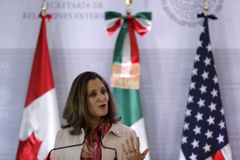Canada's Minister of Foreign Affairs Chrystia Freeland talks during a joint press conference with her Mexican counterpart and the U.S. Secretary of State, in Mexico City, Friday, Feb. 2, 2018.