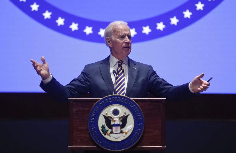 Former Vice President Joe Biden speaks to the House Democratic Issues Conference on Capitol Hill in Washington, Wednesday, Feb. 7, 2018.