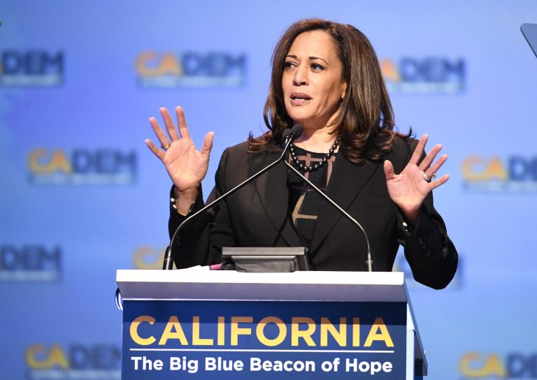 Sen. Kamala Harris D-Calif., speaks at the 2018 California Democrats State Convention Saturday, Feb. 24, 2018, in San Diego.