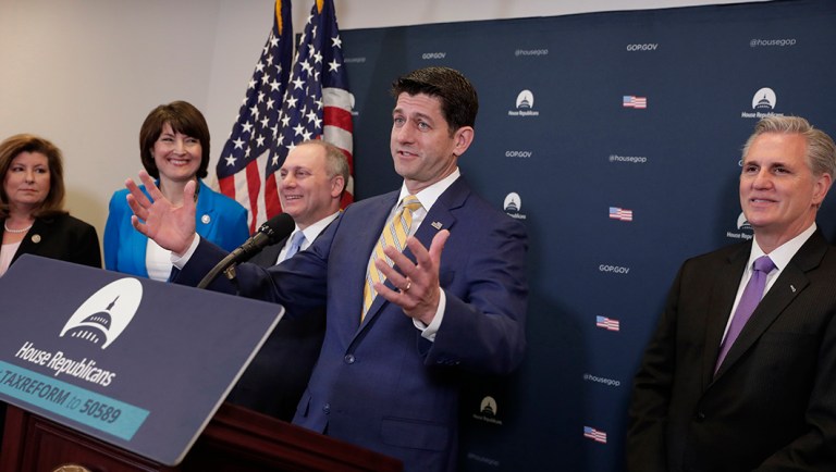 Speaker of the House Paul Ryan, R-Wis., joined by, from left, Rep. Karen C. Handel, R-Ga., Rep. Cathy McMorris Rodgers, R-Wash., House Majority Whip Steve Scalise, R-La., and Majority Leader Kevin McCarthy, R-Calif., meets with reporters following a closed-door Republican strategy session on Capitol Hill as they face how to deal with President Donald Trump's impending trade tariffs, in Washington, Tuesday, March 6, 2018. President Donald Trump isn't budging on his international tariff stance so far despite remarkably public pleadings from Speaker Ryan and other Republican allies to back off his threat and avoid a possible trade war.