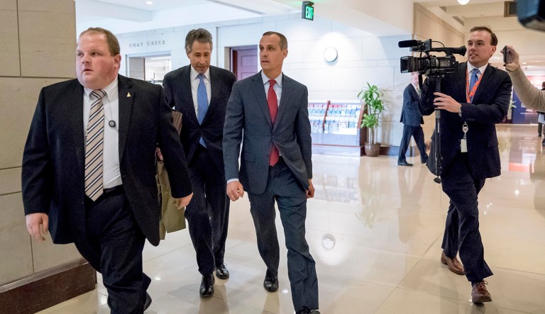 President Trumpâs former campaign manager Corey Lewandowski, center, and his lawyer Peter Chavkin, second from left, arrive to meet with members of Congress in Washington.