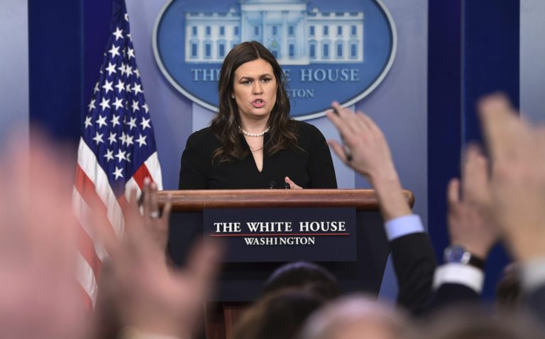 White House press secretary Sarah Huckabee Sanders speaks during a daily press briefing at the White House in Washington, D.C.