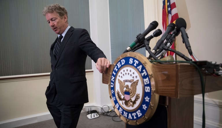 Sen. Rand Paul, R-Kentucky, pauses before a press conference.