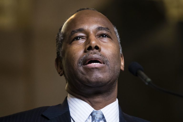 In this photo, Housing and Urban Development Secretary Ben Carson speaks at an event.