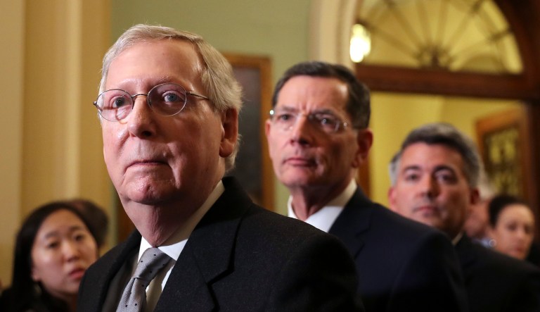Senate Majority Leader Mitch McConnell of Ky., far left, with from left, Sen. John Barrasso, R-Wyo., Sen. Cory Gardner, R-Colo., Sen. John Thune, R-S.D., and Senate Majority Whip Sen. John Cornyn, R-Texas, meet with reporters following weekly policy luncheons to answer questions on Capitol Hill in Washington, Tuesday, March 20, 2018.