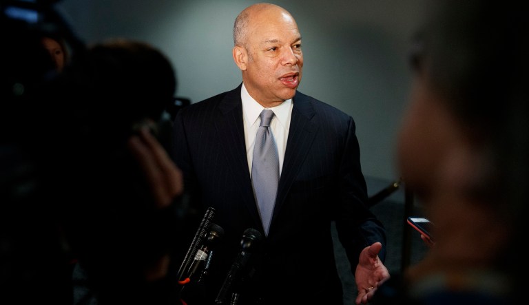 Former Homeland Security Secretary Jeh Johnson speaks to media after testifying before a Senate Intelligence Committee hearing on election security on Capitol Hill in Washington, Wednesday, March 21, 2018.