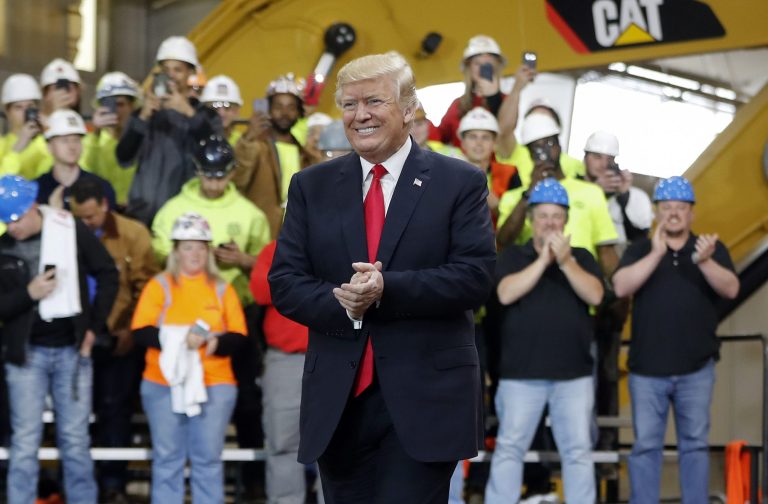 President Donald Trump prepares to speak at Local 18 Richfield Training Facility, Thursday, March 29, 2018, in Richfield, Ohio.