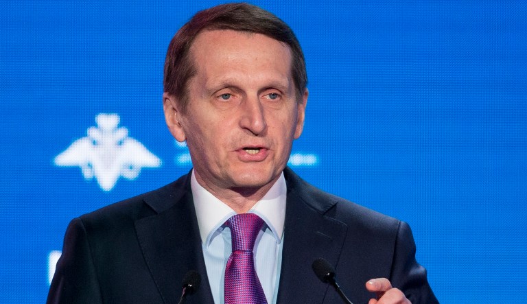 Sergei Naryshkin, head of the Russian Foreign Intelligence Service, speaks at an event.