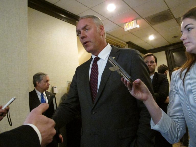United States Interior Secretary Ryan Zinke speaks at an offshore winds energy forum Friday, April 6, 2018, in Plainsboro, New Jersey. The secretary noted there is "a lot of opposition" on the east and west coasts to President Trump's offshore oil and gas drilling plan, but would not say if he will exempt any state from it.
