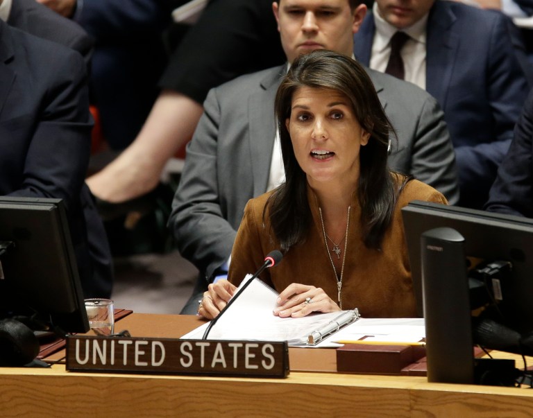 United States Ambassador to the United Nations Nikki Haley speaks during a Security Council meeting at U.N. headquarters, Monday, April 9, 2018.