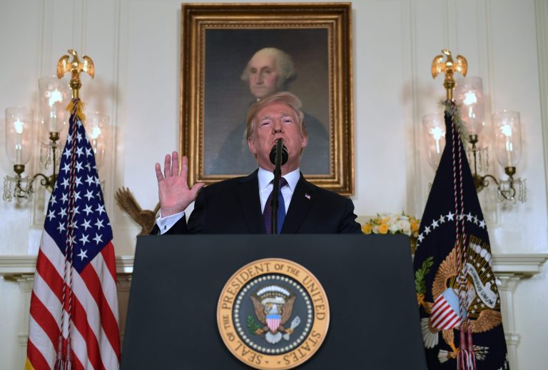 President Trump speaks in the Diplomatic Reception Room of the White House on Friday in Washington, about the U.S.' military response to Syria's chemical weapon attack on April 7.