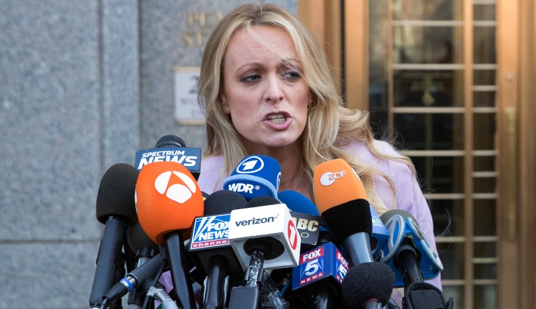 Adult film actress Stormy Daniels speaks outside federal court, Monday, April 16, 2018, in New York. 