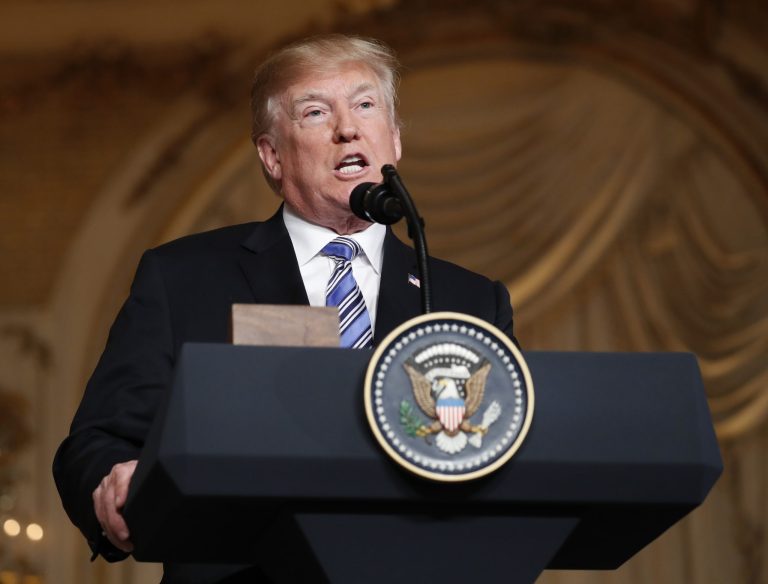 President Trump speaks during a news conference with Japanese Prime Minister Shinzo Abe at Trump's private Mar-a-Lago club on Wednesday in Palm Beach, Fla.