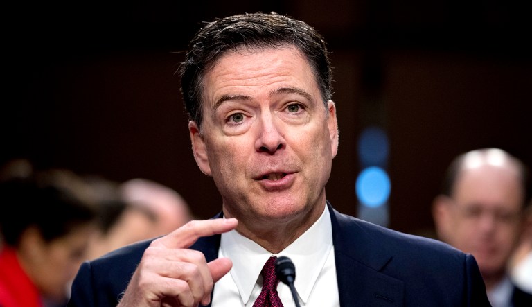 Former FBI director James Comey speaks during a Senate Intelligence Committee hearing on Capitol Hill in Washington.