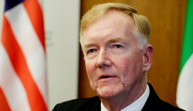 NATO Commander for Southern Europe, Mediterranean and Africa, Adm. James Foggo, answers questions during an interview.