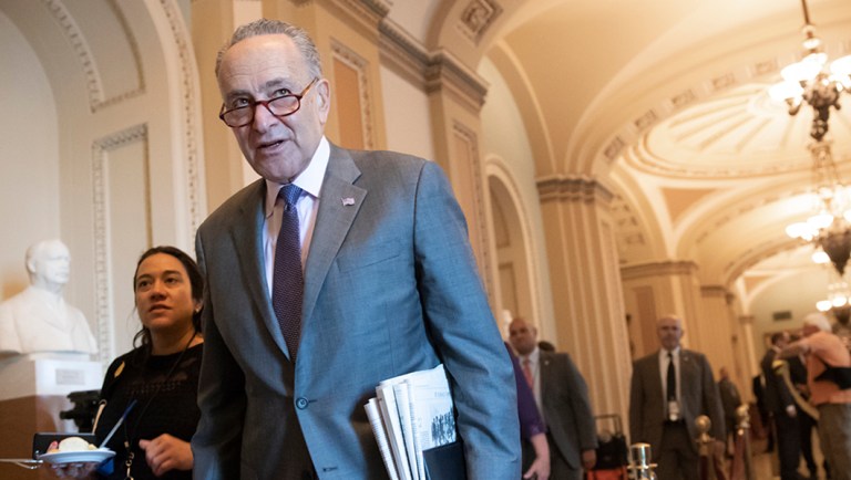 Senate Minority Leader Chuck Schumer, D-N.Y., walks to his office at the Capitol in Washington, Tuesday, May 15, 2018.