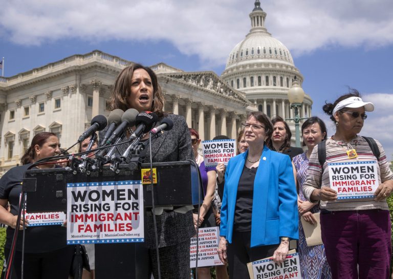 Sen. Kamala Harris, D-Calif., joins an women's advocacy group, MomsRising, to protest against threats by President Donald Trump against Central American asylum-seekers to separate children from their parents along the southwest border to deter migrants from crossing into the United States, at the Capitol in Washington, Wednesday, May 23, 2018. 