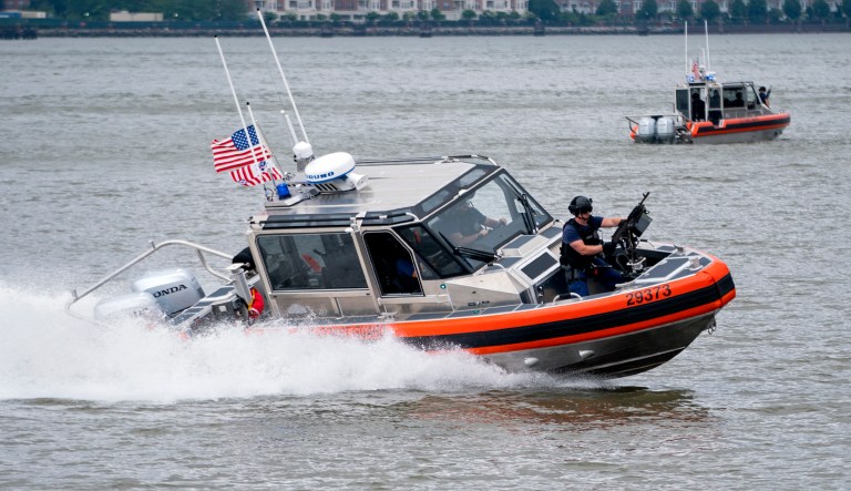 A United States Coast Guard boat patrols the Hudson River in New York.