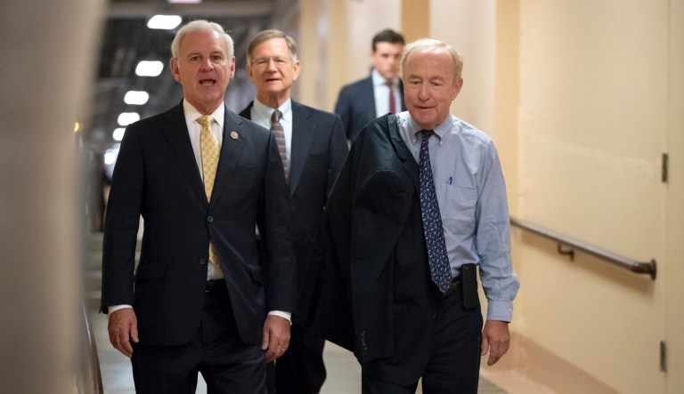 Rep. Bradley Byrne, R-Ala., left, and Rep. Rodney Frelinghuysen, R-N.J., chairman of the House Appropriations Committee, walk to a closed-door GOP meeting as the Republican leadership tries to reach a policy agreement between conservatives and moderates on immigration, on Capitol Hill in Washington, Thursday, June 7, 2018.