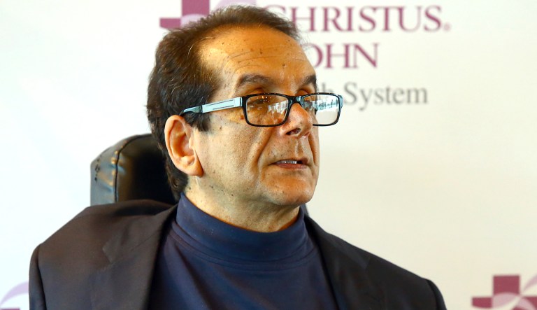 Charles Krauthammer talks about getting into politics during a news conference in Corpus Christi, Texas.