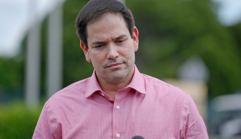 U.S. Sen Marco Rubio speaks during a news conference in front of the Homestead Temporary Shelter for Unaccompanied Children, on Friday, June 22, 2018, in Homestead, Fla.