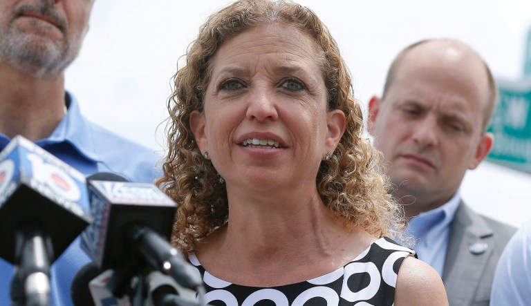 Congresswoman Debbie Wasserman Schultz speaks during a news conference after touring the Homestead Temporary Shelter for Unaccompanied Children, on Saturday, June 23, 2018, in Homestead, Fla.