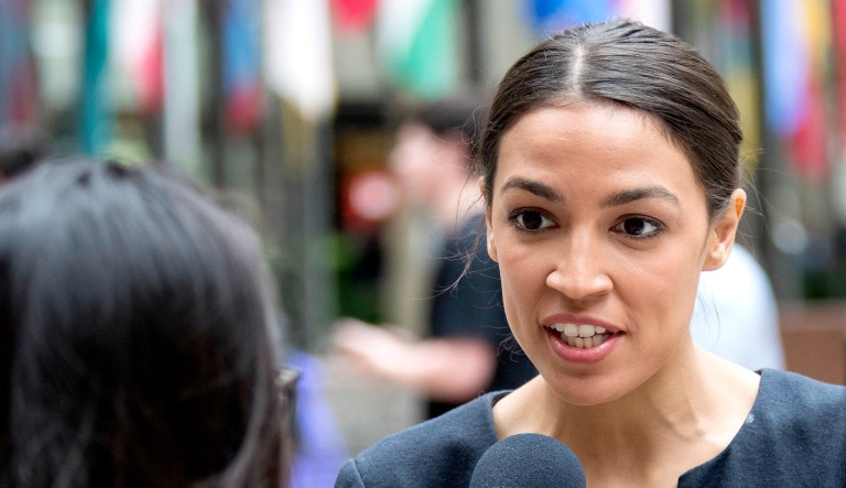 Alexandria Ocasio-Cortez is photographed while being interviewed in Rockefeller Center in New York.